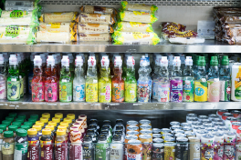 Asian products on shelves.